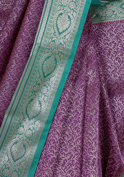 Plum Purple Teal Silver Floral Art Silk Saree - ASS-1-1001 image 1