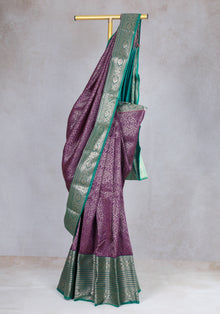 Art Silk Saree Plum Purple Teal Silver Floral
