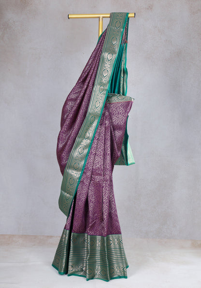 Plum Purple Teal Silver Floral Art Silk Saree - ASS-1-1001 image 2