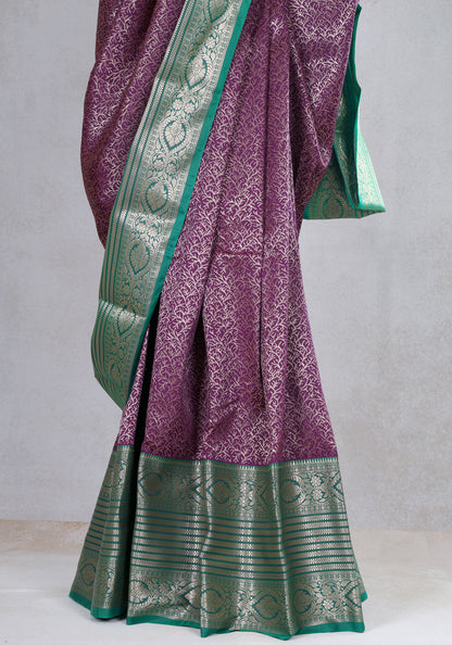 Plum Purple Teal Silver Floral Art Silk Saree - ASS-1-1001 image 4