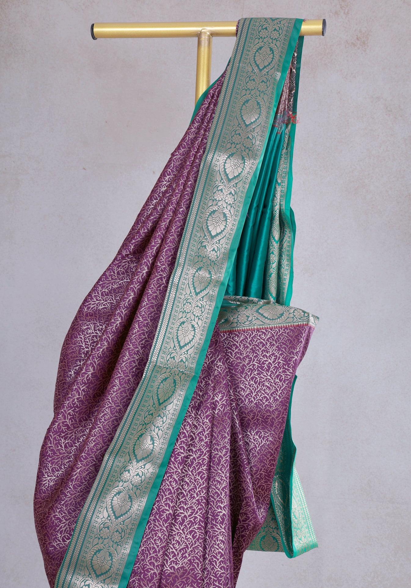 Plum Purple Teal Silver Floral Art Silk Saree - ASS-1-1001 image 5