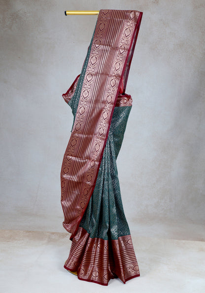 Coral Red Deep Teal Silver Motif Art Silk Saree - ASS-1-1002 image 1