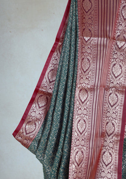 Coral Red Deep Teal Silver Motif Art Silk Saree - ASS-1-1002 image 2