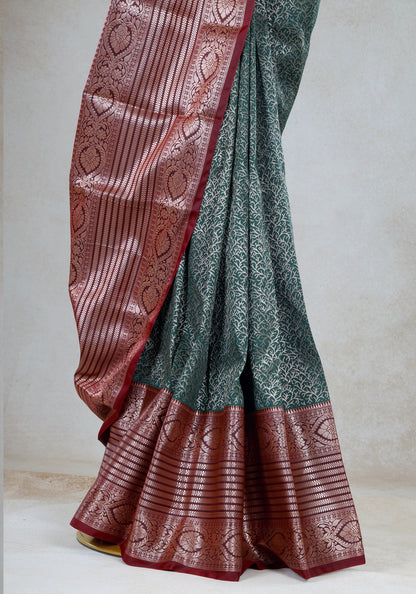 Coral Red Deep Teal Silver Motif Art Silk Saree - ASS-1-1002 image 3