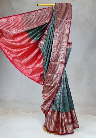 Coral Red Deep Teal Silver Motif Art Silk Saree - ASS-1-1002 image 4