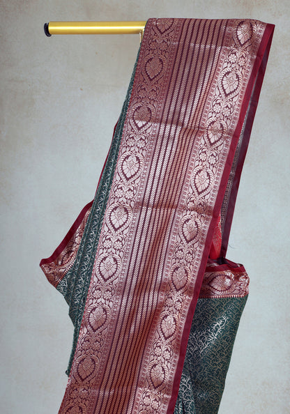 Coral Red Deep Teal Silver Motif Art Silk Saree - ASS-1-1002 image 5