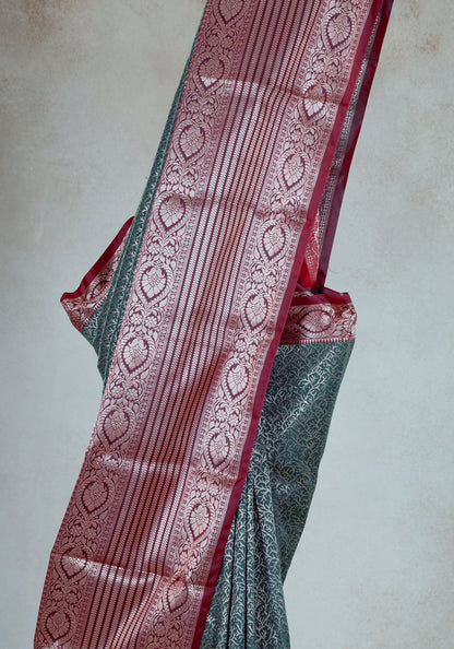 Coral Red Deep Teal Silver Motif Art Silk Saree - ASS-1-1002 image 6