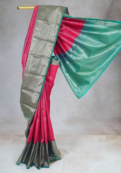 Rani Pink Sea Green Silver Border Art Silk Saree - ASS-1-1003 image 4