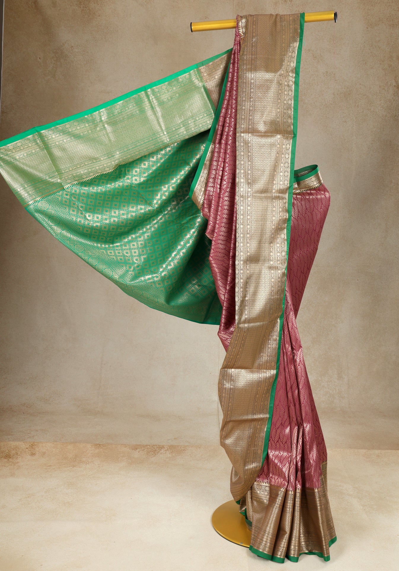 Dusty Rose Mint Green Gold Border Art Silk Saree - ASS-1-1203 image 4