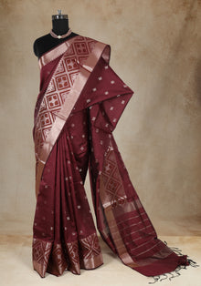 Art Ghicha Silk Saree Maroon Silver Geometric Border
