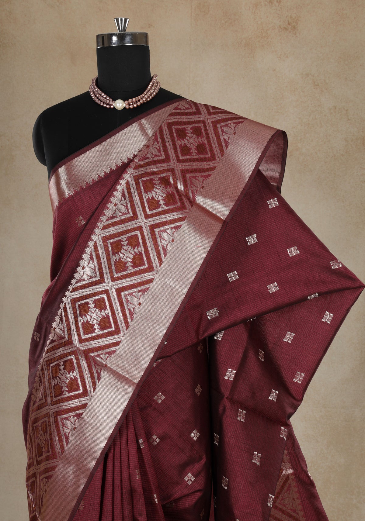 Art Ghicha Silk Saree Maroon Silver Geometric Border