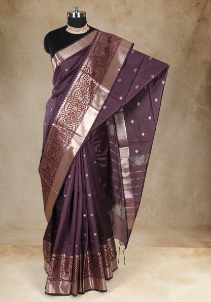 Deep Plum Silver Paisley Border Art Silk Saree - ATS-1-1002 image 3