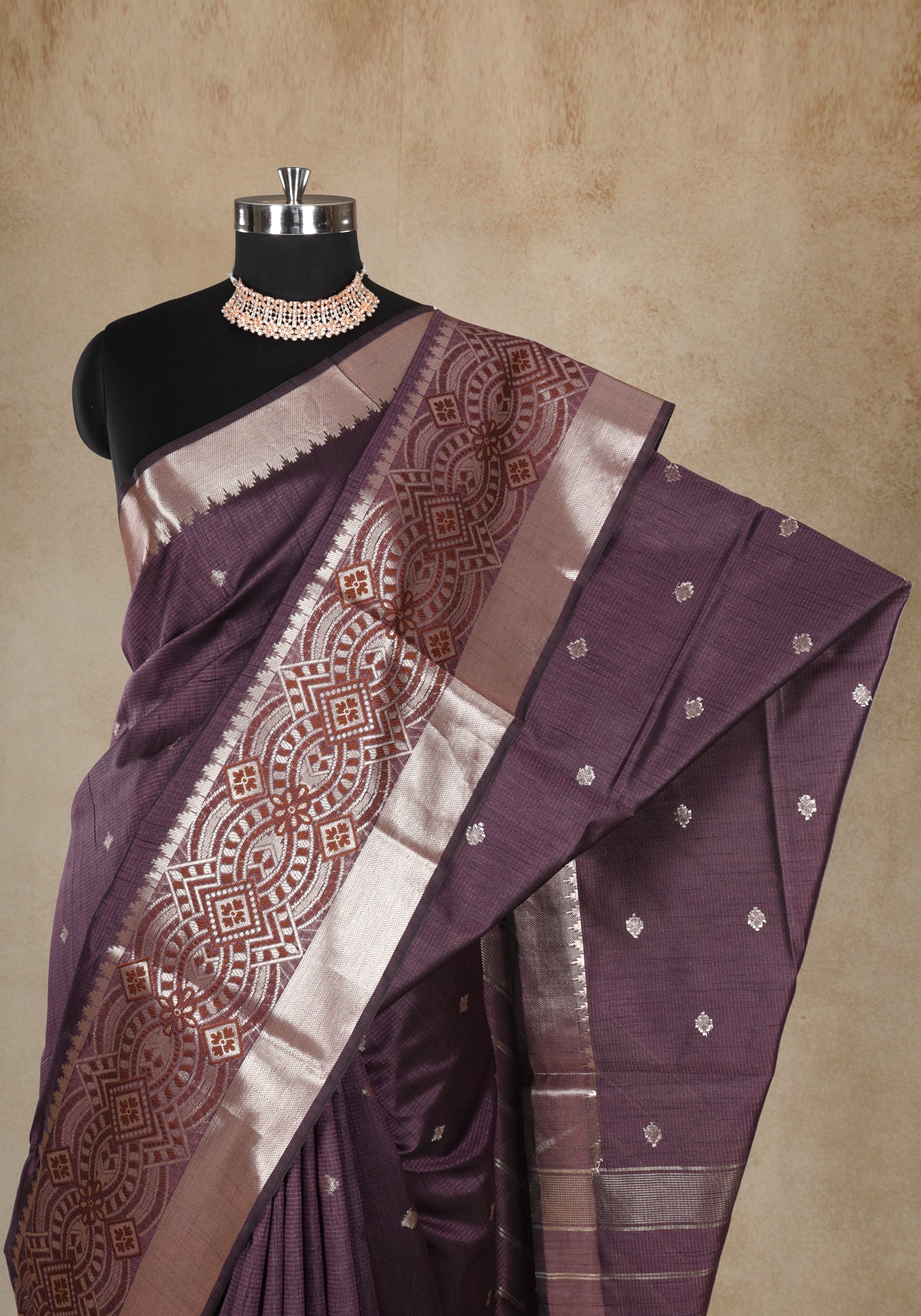 Deep Plum Silver Paisley Border Art Silk Saree - ATS-1-1002 image 4