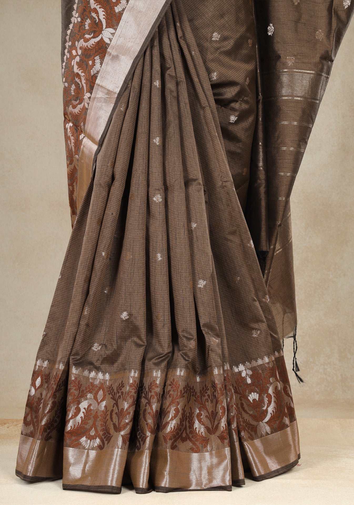 Art Ghicha Silk Saree Coffee Brown Silver Floral Border