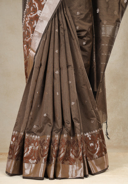 Art Ghicha Silk Saree Coffee Brown Silver Floral Border