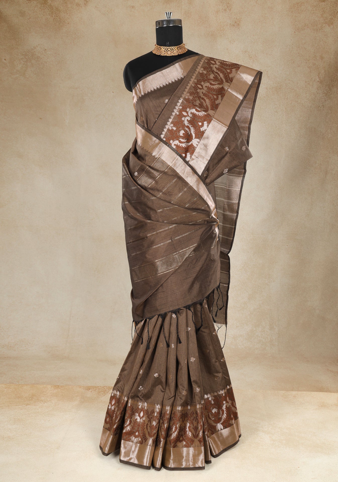 Coffee Brown Silver Floral Border Art Silk Saree - ATS-1-1003 image 3