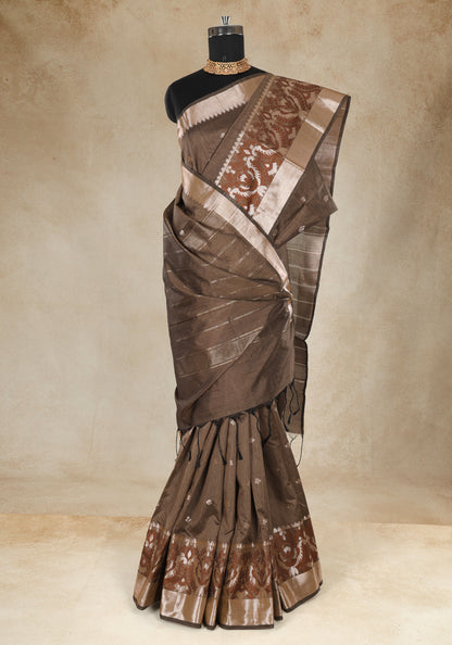 Coffee Brown Silver Floral Border Art Silk Saree - ATS-1-1003 image 3