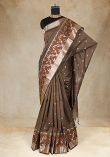 Art Ghicha Silk Saree Coffee Brown Silver Floral Border