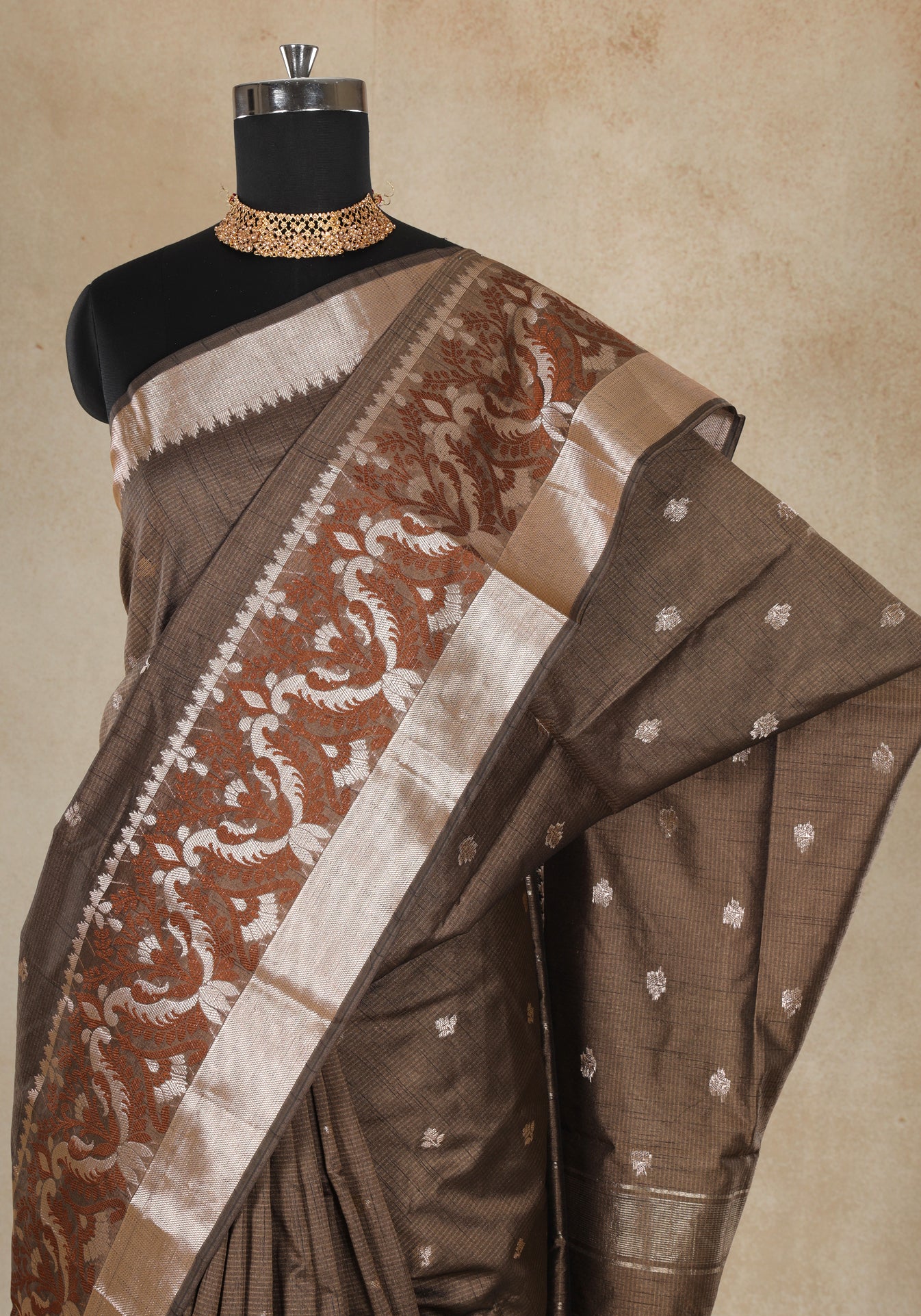 Coffee Brown Silver Floral Border Art Silk Saree - ATS-1-1003 image 5