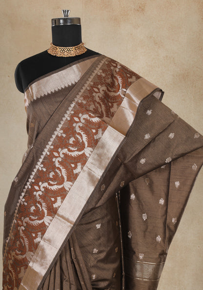Coffee Brown Silver Floral Border Art Silk Saree - ATS-1-1003 image 5