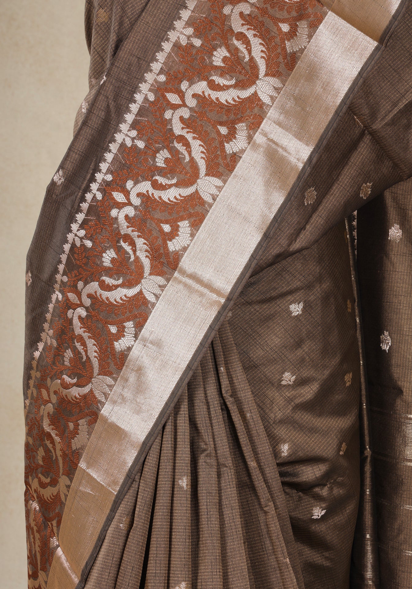 Coffee Brown Silver Floral Border Art Silk Saree - ATS-1-1003 image 6