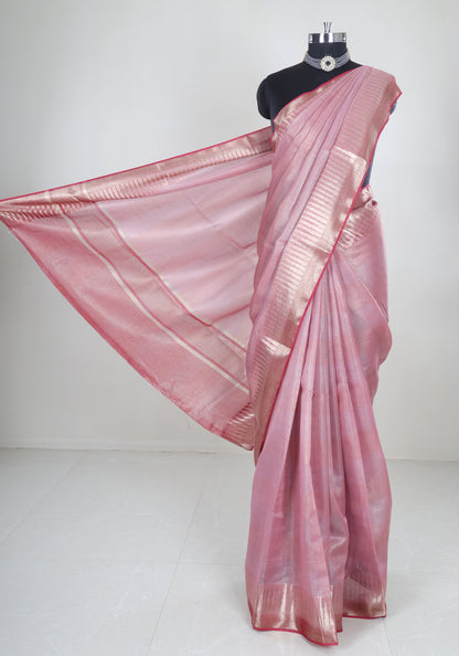 Blush Pink Silver Border Banaras Tissue Silk Saree - BCS-1-1002 image 1