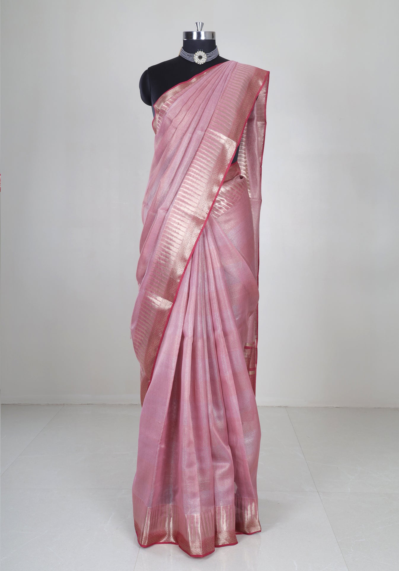 Blush Pink Silver Border Banaras Tissue Silk Saree - BCS-1-1002 image 2