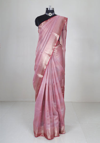 Blush Pink Silver Border Banaras Tissue Silk Saree - BCS-1-1002 image 2