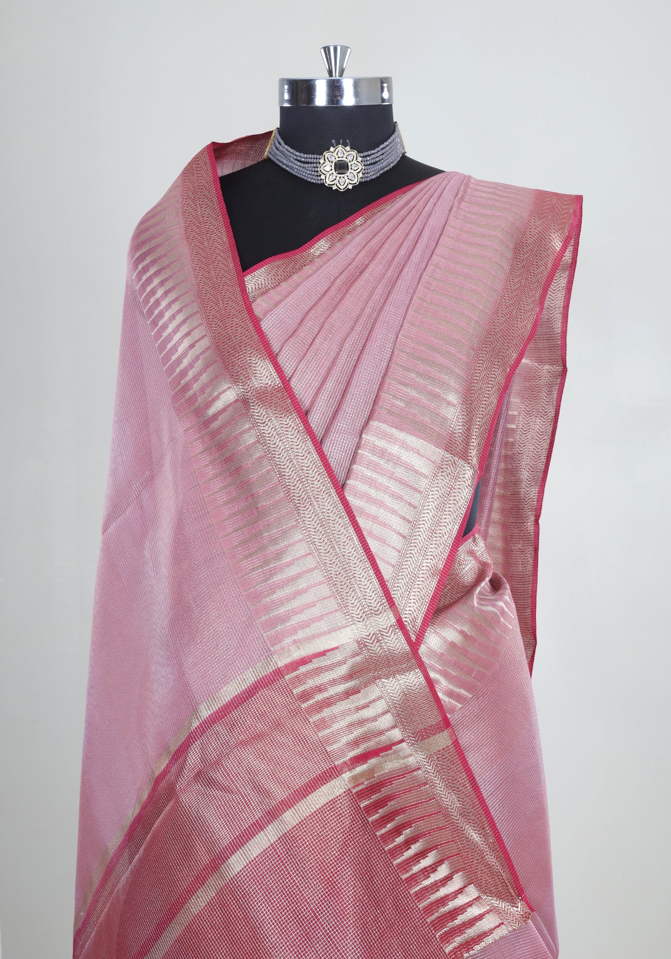Blush Pink Silver Border Banaras Tissue Silk Saree - BCS-1-1002 image 3