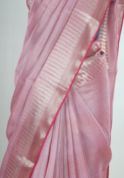 Blush Pink Silver Border Banaras Tissue Silk Saree - BCS-1-1002 image 4