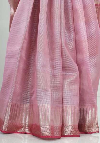 Blush Pink Silver Border Banaras Tissue Silk Saree - BCS-1-1002 image 5