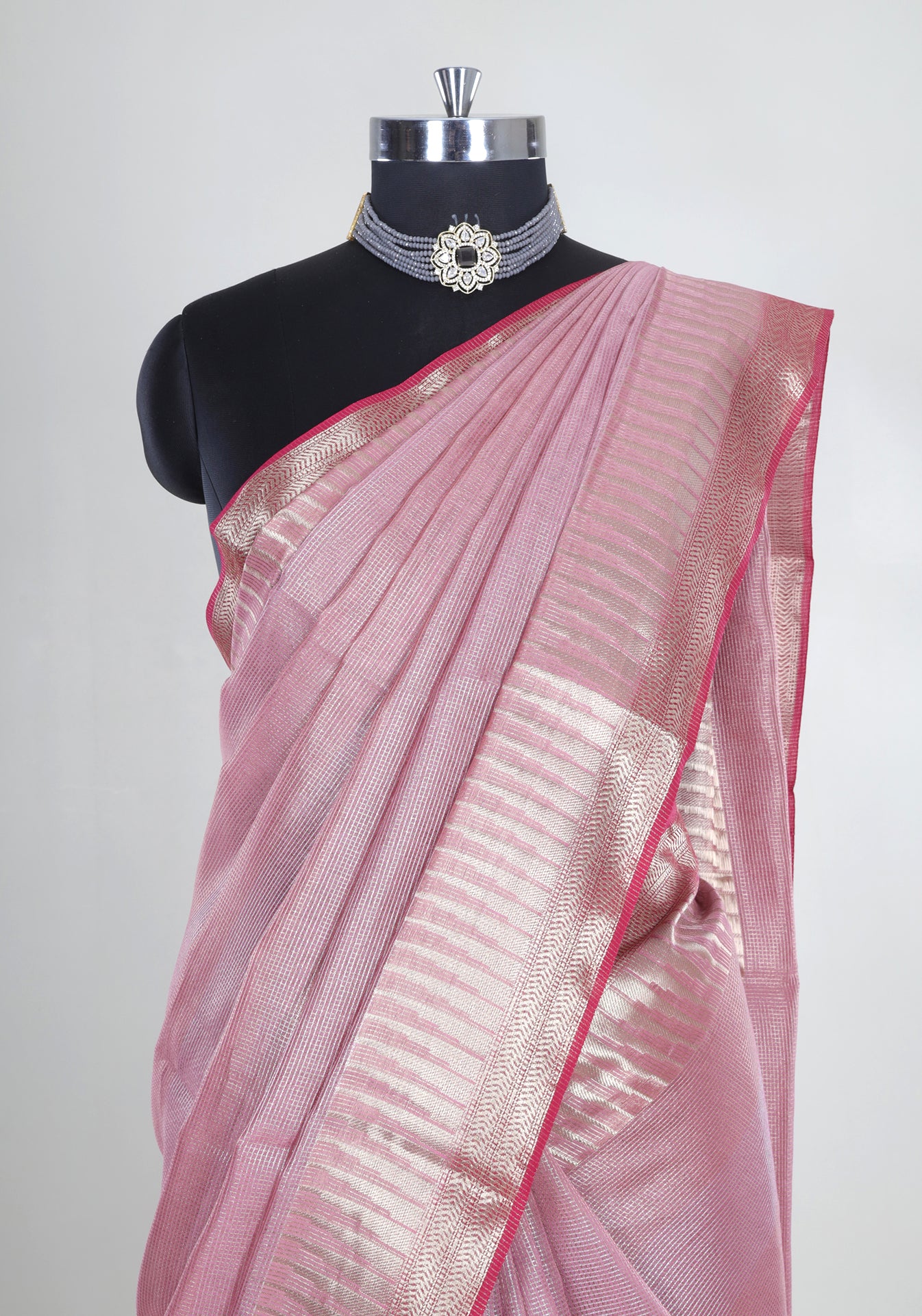 Blush Pink Silver Border Banaras Tissue Silk Saree - BCS-1-1002 image 6