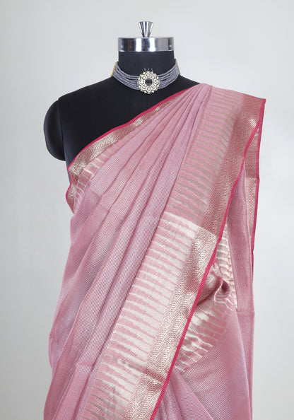 Blush Pink Silver Border Banaras Tissue Silk Saree - BCS-1-1002 image 6