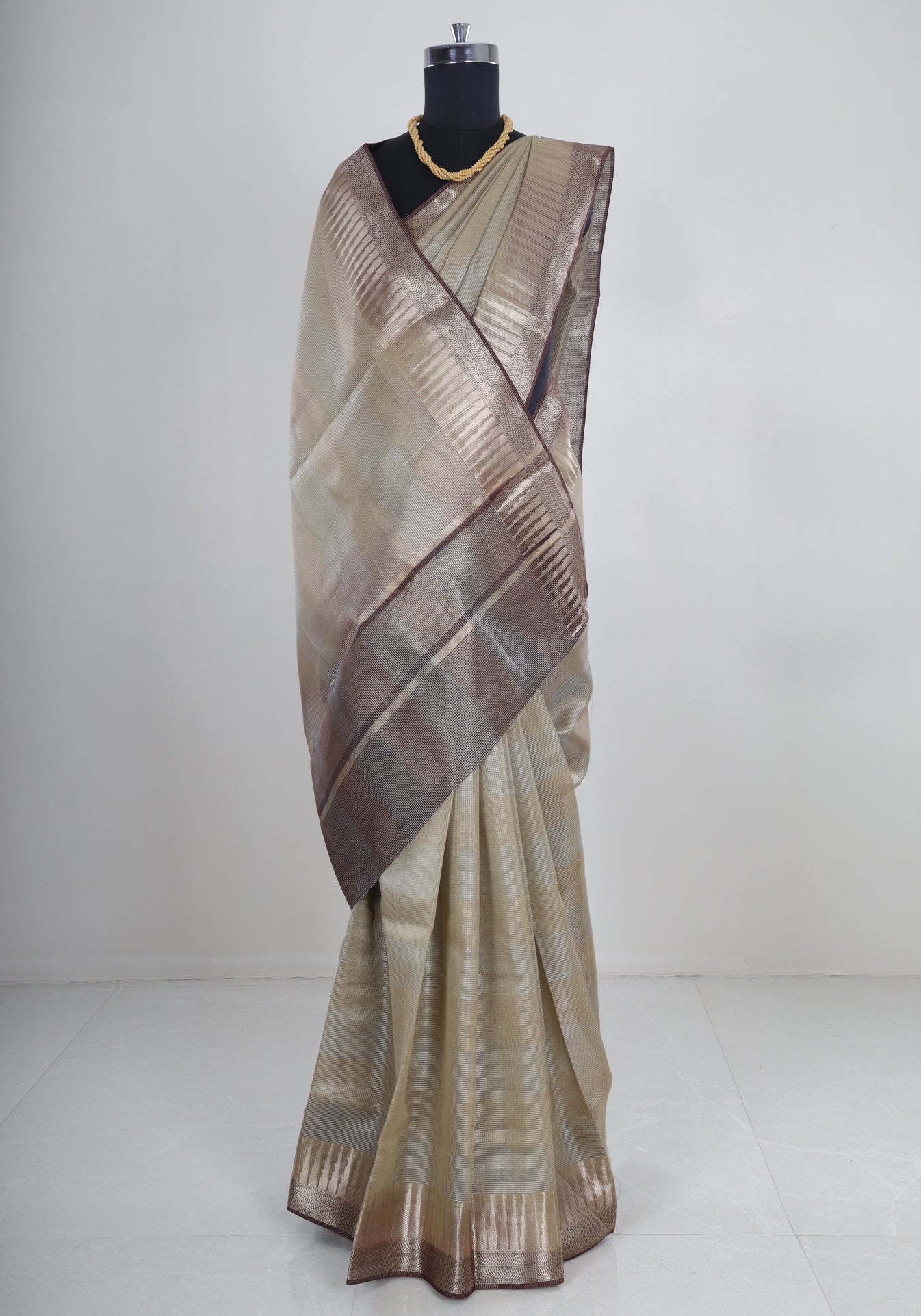 Ivory Beige Silver Border Banaras Tissue Silk Saree - BCS-1-1003 image 1