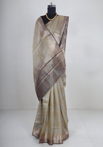 Ivory Beige Silver Border Banaras Tissue Silk Saree - BCS-1-1003 image 1
