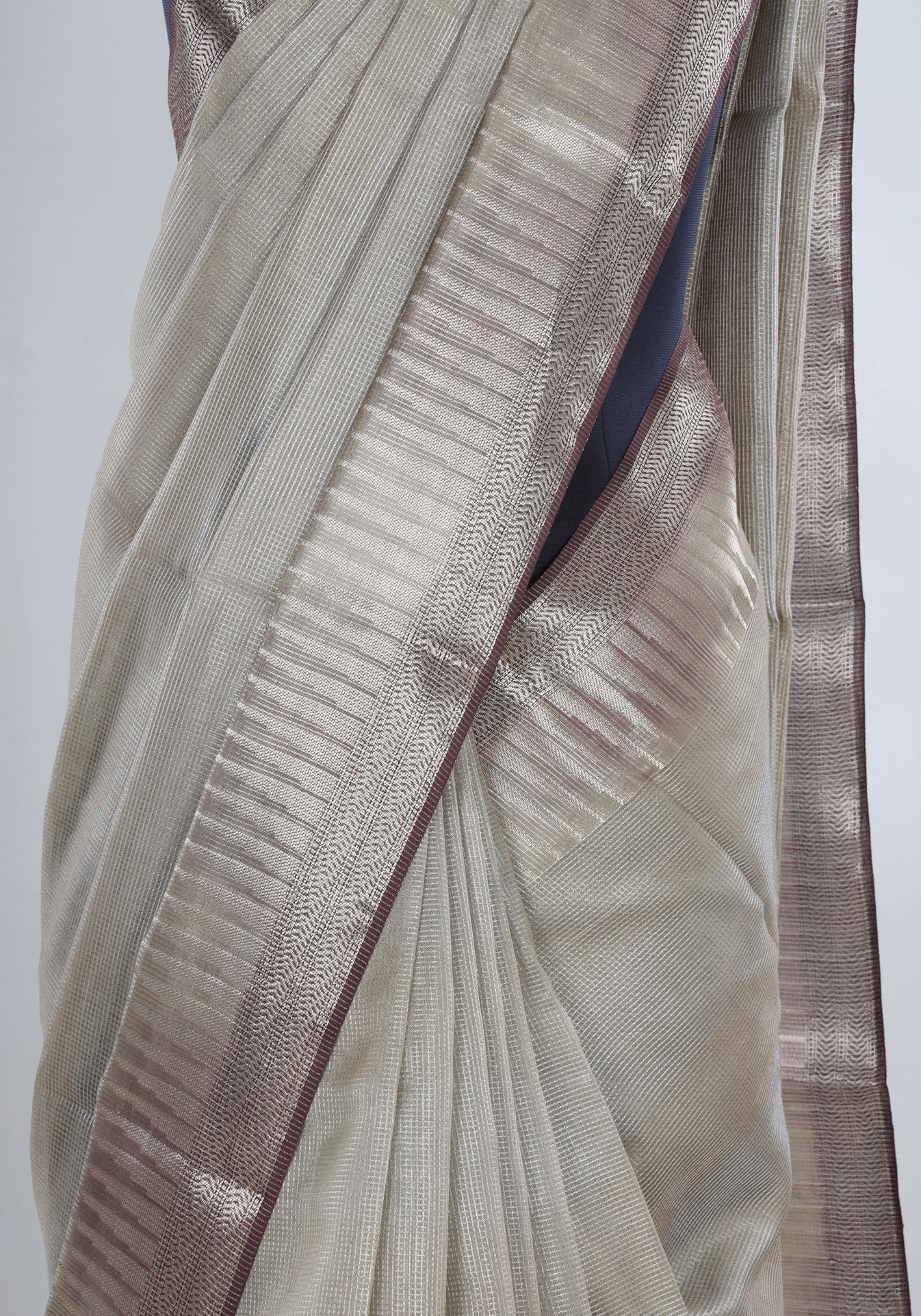 Ivory Beige Silver Border Banaras Tissue Silk Saree - BCS-1-1003 image 2