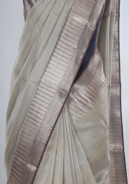 Ivory Beige Silver Border Banaras Tissue Silk Saree - BCS-1-1003 image 2