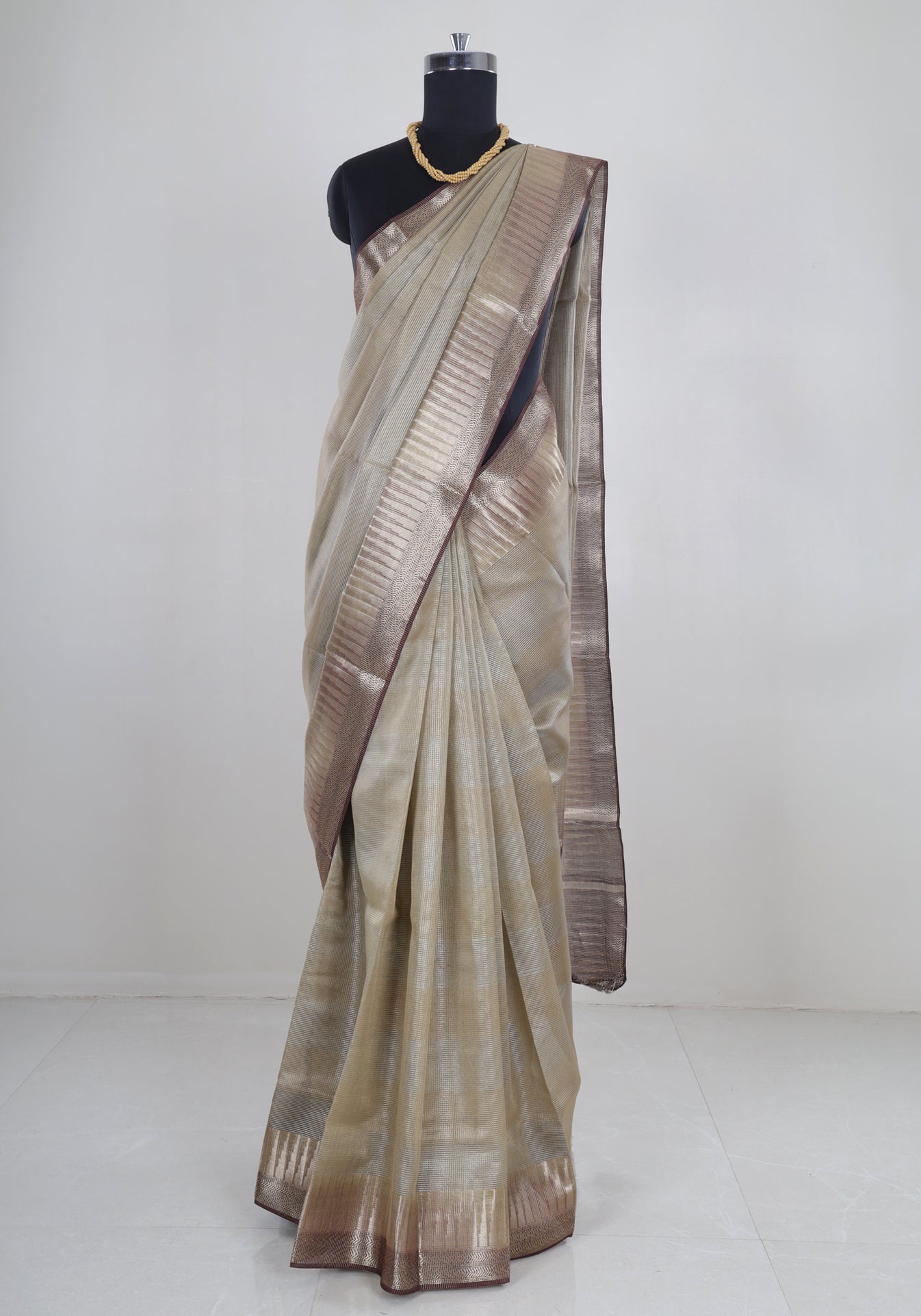 Ivory Beige Silver Border Banaras Tissue Silk Saree - BCS-1-1003 image 4