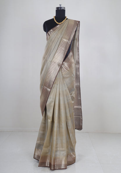 Ivory Beige Silver Border Banaras Tissue Silk Saree - BCS-1-1003 image 4