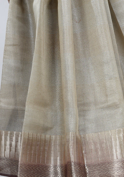 Ivory Beige Silver Border Banaras Tissue Silk Saree - BCS-1-1003 image 5
