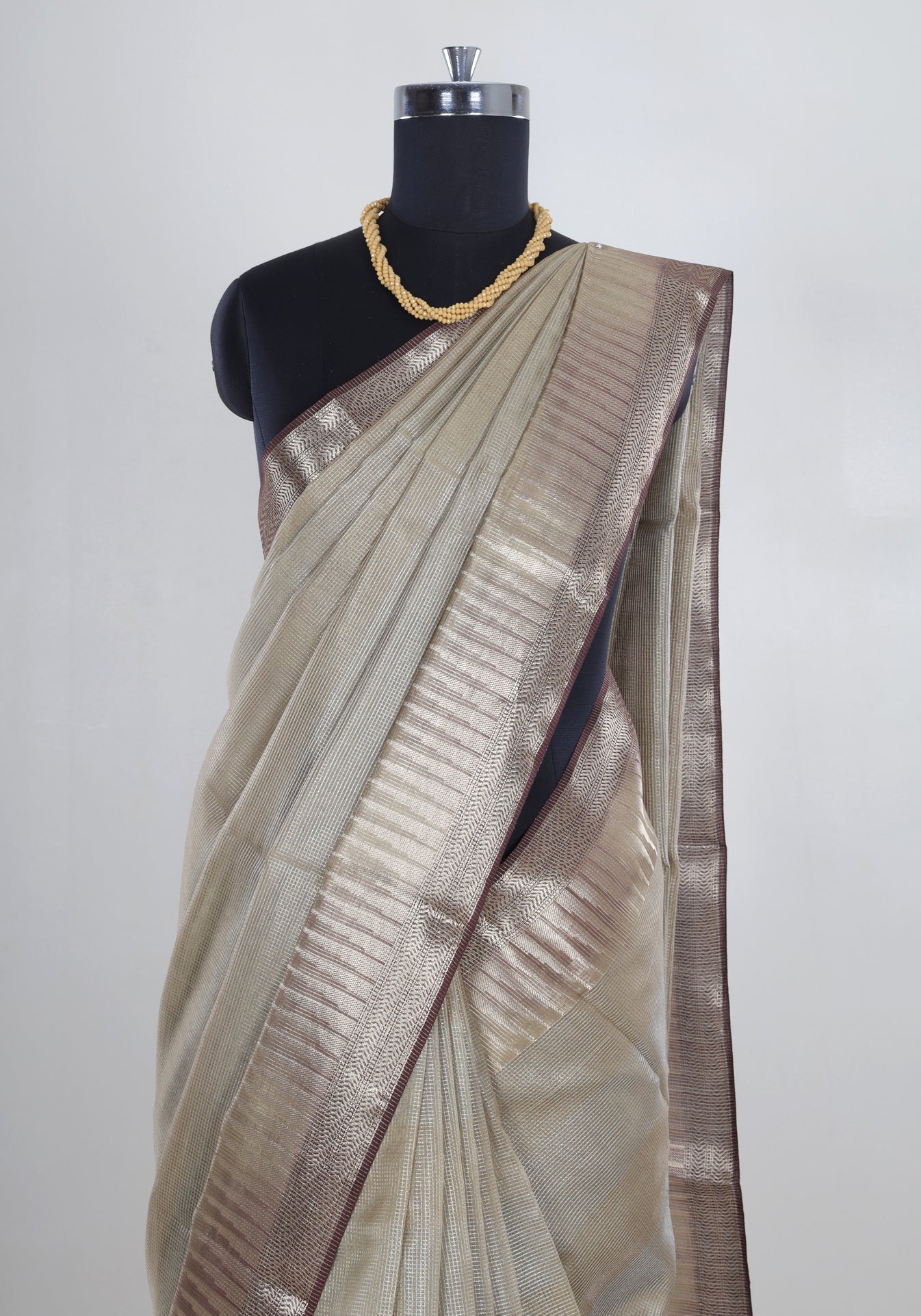 Ivory Beige Silver Border Banaras Tissue Silk Saree - BCS-1-1003 image 6