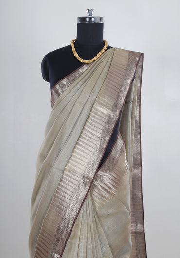 Ivory Beige Silver Border Banaras Tissue Silk Saree - BCS-1-1003 image 6