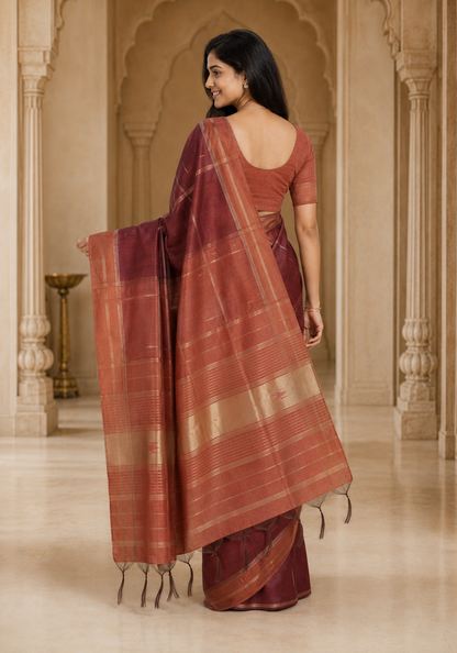 Tussar Silk Saree Striped Rust Copper Maroon