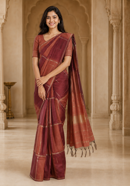 Tussar Silk Saree Striped Rust Copper Maroon