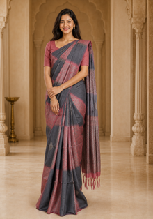 Tussar Silk Saree Striped Charcoal Grey Rose Gold