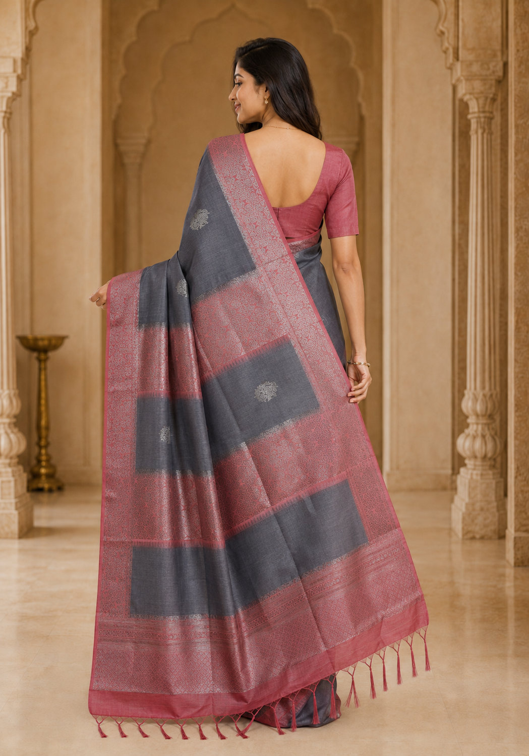 Tussar Silk Saree Striped Charcoal Grey Rose Gold