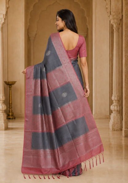 Tussar Silk Saree Striped Charcoal Grey Rose Gold