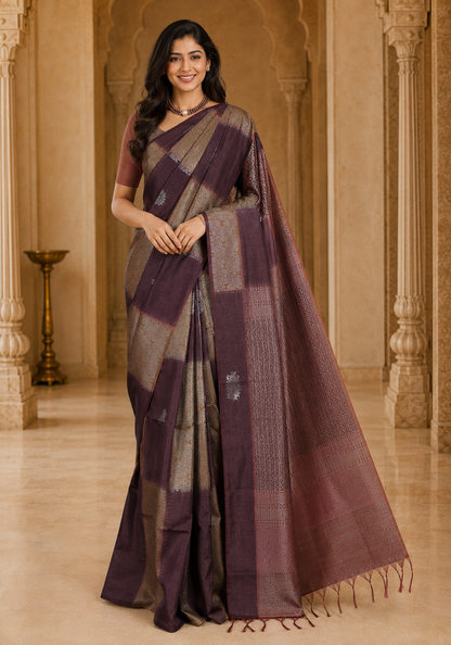 Tussar Silk Saree Striped Maroon Antique Gold