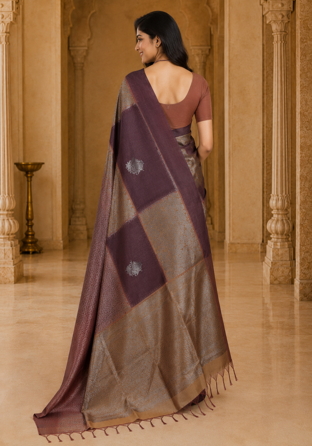 Tussar Silk Saree Striped Maroon Antique Gold