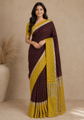 Soft Chanderi Silk Saree Chocolate Brown Mustard Dotted Border